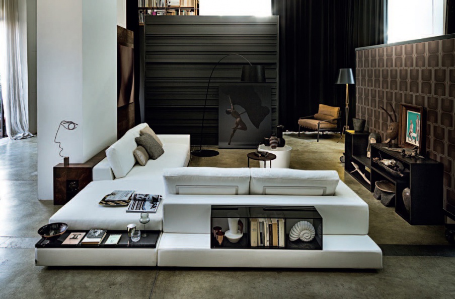 Modulares Sofa mit Regal und offenen Glastüren Schubladen flechten, Arketipo