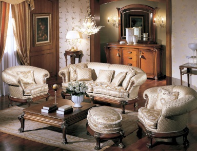 Die Garnitur für das Wohnzimmer Orchidea, Sofa, Sessel, Hocker, C. L. Italia