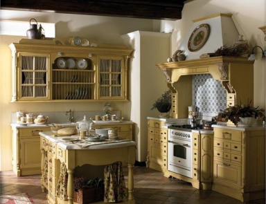 Küche mit Gehäuse aus Holz, Arbeitsplatte aus Marmor und Polsterung aus Textil-Stoff-Cottage 1, Arcari (Möbel für Küche Provence)