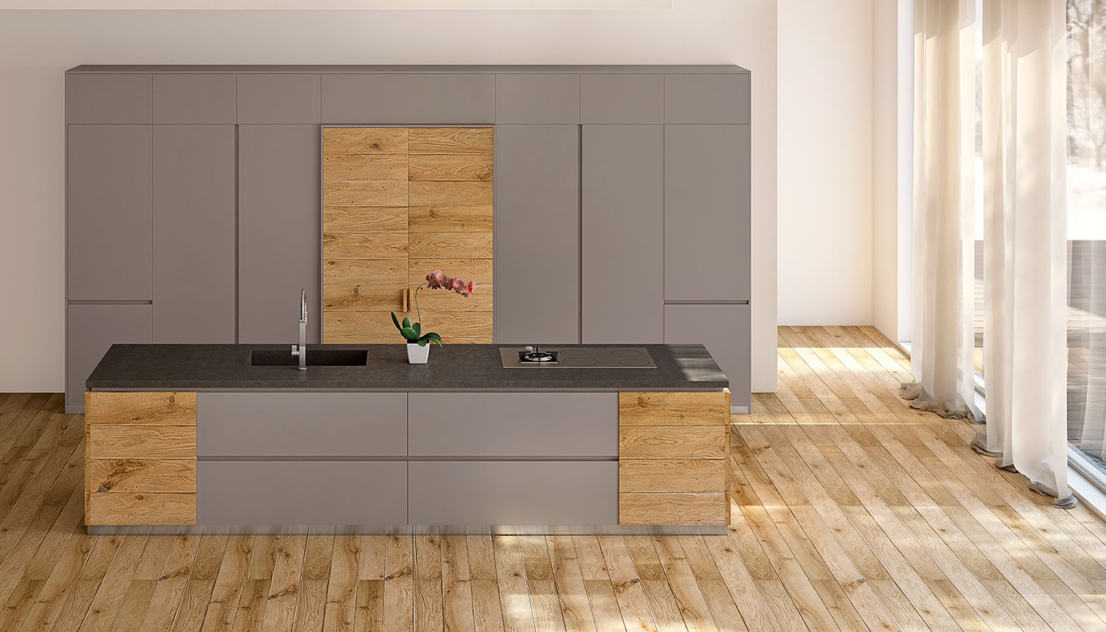 Garnitur für die Küche in der Farbe Mokka in Verbindung mit dem Holz