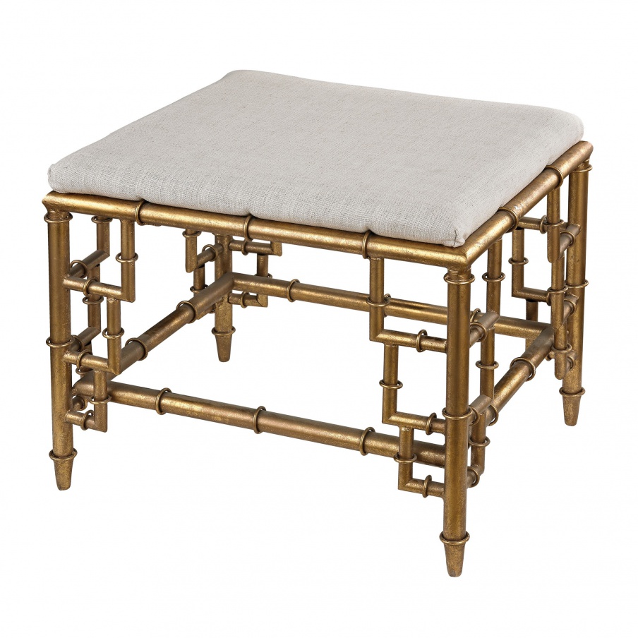 Hocker Stool With Bamboo Frame In Gold Leaf And Linen Seat Dimond Home