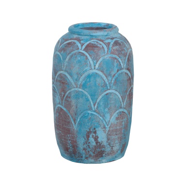 Vase Rustic Blu Vase II In Distressed Light Blue With Pomegranate Pattern