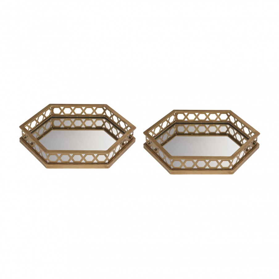 Behälter Set of 2 Ripp Hexagonal Mirrored Trays Sterling